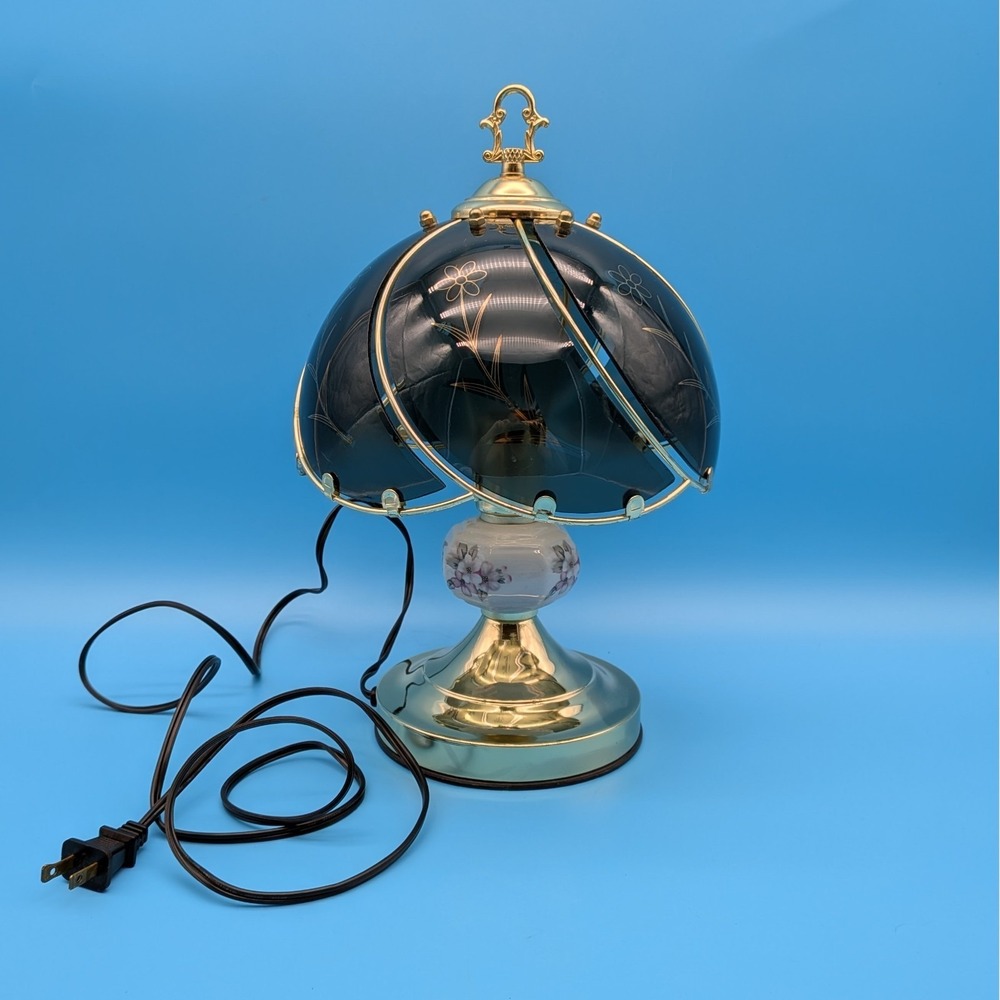 Dimmable touch lamp Floral Smoked Glass Panels Brass Finish